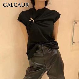 GALCAUR Gold U-shaped Buckle Vests For Women O Neck Sleeveless Asymmetric Ruched Elegant Vest Female Fashion Clothes 210817
