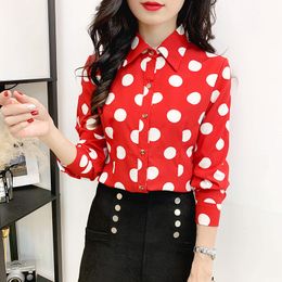 Korean Women Shirts Chiffon Blouses for Woman Polka Dot Shirt Tops Office Lady Printing Blouse Flare Sleeve 210427
