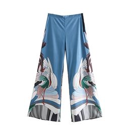 2019 Women vintage crane print patchwork wide leg pants femme streetwear Trousers mujer Leisure side zipper loose Pants P296 Q0801