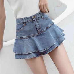 Safety Short Denim Miniskirts Women Plus Size High Waist Ruffle Fishtail Jean Skirt Summer Sexy Pleated Girl Elastic 210601