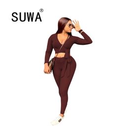 Women Casual Fitness V-Neck Long Sleeve Crop Top Bandage Leggings Solid Stretchy Skinny Active Wear Bodycon 2 Piece Set 210525