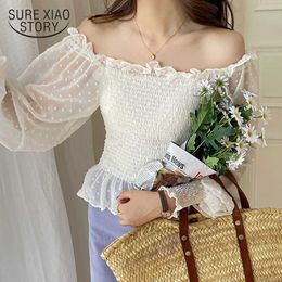 Autumn Waist Hugging Lantern Sleeve Slimming Tops Off-Shoulder Sweet and Fairy Mesh Stitching Long Sleeve Shirt 10221 210527