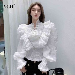 Elegant White Blouse For Women V Neck Long Sleeve Patchwork Ruffle Casual Shirt Female Fashion Clothing Spring 210531