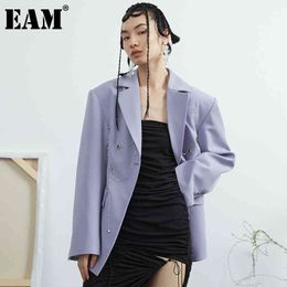 [EAM] Women Purple Chain Pocket Blazer Lapel Long Sleeve Loose Fit Jacket Fashion Spring Autumn 1DD7066 210512