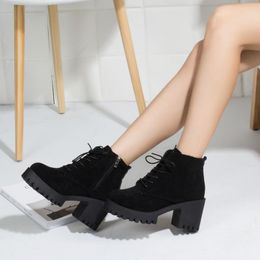 Boots Wome's Suede Ankle Square Heels Ladies Lace Up Plush Zipper Shoes Woman Fashion Casual Female Winter Footwear