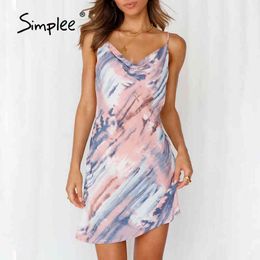 Colorful tie dye casual summer dress women Boho spaghetti A-line slim mini Fashion sexy party dresses femme 210414