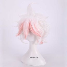 Danganronpa Dangan Ronpa Nagito Komaeda Cosplay Wig Short Gradient White Pink Curly Heat Resistant Synthetic Hair + Cap Y0913
