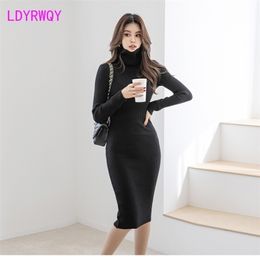 high collar solid Colour temperament slim all-match knitted dress women Office Lady Sheath Knee-Length 210416
