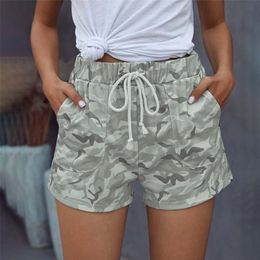 Spring Summer Camouflage Pocket Drawstring Straight Shorts Women High Waist Casual Fashion Streetwear Mini 210603