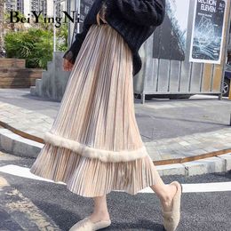 Beiyingni Autumn Winter Thick Warm Woman Skirts Patchwork Retro Maxi Casual Harajuku Pleated Skirt Women Jupe Femme Faldas 210416