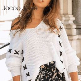 Women Fall Long Sleeve V Neck Knitted Cross Criss Striped White Sweater Causal Off Shoulder Loose Pullovers Jumper 210428