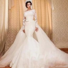 Newest Plus Size Long Sleeve Mermaid Wedding Dresses Bridal Gowns With Detachable Train Lace Wedding Dress