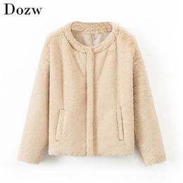 Chaqueta de piel sintética de invierno para mujer, cálida, con bolsillos sólidos, prendas de vestir gruesas sueltas, chaquetas de conejo suave, abrigo de manga larga para mujer 210515