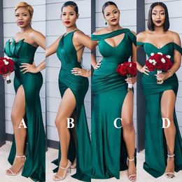 2023 Modest Emerald Green Side Split Long Bridesmaid Dresses Sexy Wedding Party Gowns Difference Neckline Cheap Bridesmaid Dress Custom Made GW0210