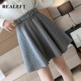 Autumn Winter Women Vintage Plaid Woolen Skirts with Belt High Waist Elegant Umbrella Ball Gown Ladies 210428