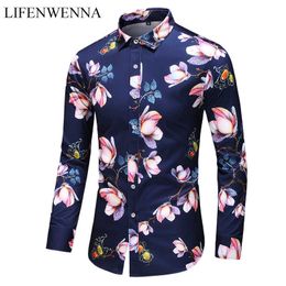 Autumn Long Sleeve Flowers Shirts Men Men's Button Down Social Hawaiian Floral Shirt Business Shirts Plus Size 6XL 7XL 210528