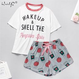 Women's Sleepwear Cute Cartoon Print Pyjamas Set Sweet Short Sleeve T Shirts & Shorts Summer Pijamas 210330