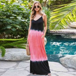 Summer Beach Dress Women Sexy Spaghetti Strap Gradient Sleeveless Pocket Long Dress Elegant V-Neck Loose Maxi Dress Vestido 210412