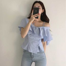 Chic Korean Fashion Clothing Summer Sexy Blue V Neck Off Shoulder Ruffles Blouse Women Irregular Short Blusas De Mujer Wild 210610