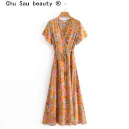 beauty Boho Vintage Floral Print Wrap Dress Women Holiday Summer Short Sleeve Midi Mujer Vestido De Moda 210514