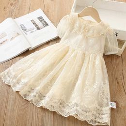 Summer 3-12 Year Kids Clothes Children Princess Party Ball Gown Flower Wedding Short Sleeve Lace Embroidered Dress For Girl 210529