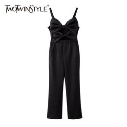Black Patchwork Bowknot Jumpsuit For Women Square Collar Sleeveless High Waist Hollow Out Casual Jumpsuits Female 210521