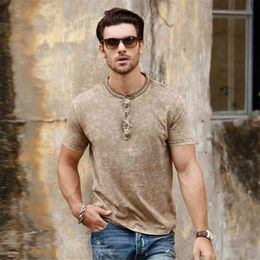 Summer New Men's Short Sleeve T-Shirt Henry Collar 100% Cotton Vintage Washed high quality fashion Young Versatile tees c148 210409