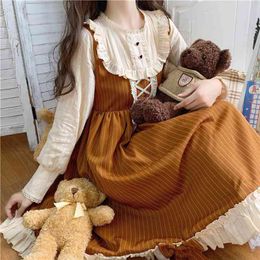 Japanese Autumn Kawaii Lolita Splicing Cosplay Loli Dress Sweet Soft Girl Bow Full Sleeve Cute Ruffles Brown Stripe Dresses 210623