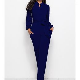 Women's Jumpsuits & Rompers Plus Size Solid Stand Collar Wide Leg 2021 Long Sleeve Lace-up Loose Jumpsuit Casual