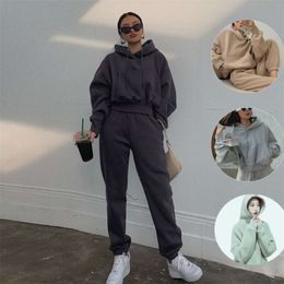 2 piece set tracksuit womens sports outfits hoodies pants suit winter spring sweatshirts pullover home sweatpants solid casual 210925