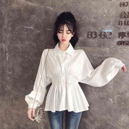 Vintage Long Lantern Sleeve Women Spring Summer Single Breasted Turn Down Collar Shirts Office Work Blouse Solid Slim Tops 210514