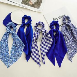 Women Scrunchie Blue Series Elastic Hair Bands Bow Scarf Plaid Print Headbands For Girls Hair Rope Ties Hair Accessories