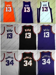 En İyi Kalite Turuncu Mavi Steve # 13 Nash Jersey Vintage Beyaz Mor Siyah Charles # 34 Barkley Jersey Steve Nash Gömlek Dream Takımı Barkley