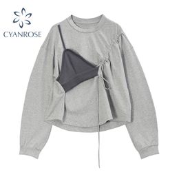 Autumn Winter Long Sleeve Sweatshirt Casual Patchwork Oversize Printed O Neck Loose Streetwear Pullover Outerwear Tops 210417