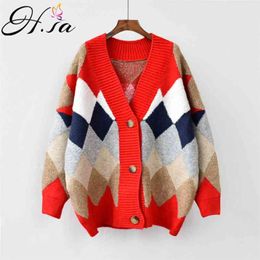 Women Spring Sweater Cardigans V neck Geometric Warm Poncho Jumpers Loose Style Oversized Knit Overcoat Outerwear Tops 210430
