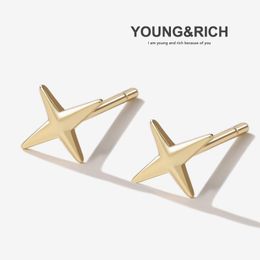 Stud YOUNG&RICH High-quality S925 Sterling Silver Cross Earrings 18K Gold-plated Girls Niche Design Sense Ins Simple Ear Jewellery