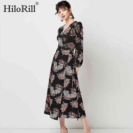 Elegant V Neck Long Dress Women Floral Print Boho Casual Midi es Ladies Lantern Sleeve Sexy Split 210508