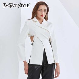 TWOTYLE Hollow Out Blazer For Women Notched Collar Long Sleeve Cross Backless Designer Coats Female Fall Clothing 210930