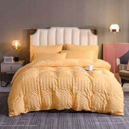 Solid Color Seersucker Bedding Set Simple White Yellow Duvet Cover 200x200 King Single Double Queen Soft Bedclothes No Bed Sheet