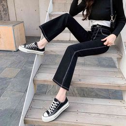 JXMYY Black-gray bootcut jeans, high waist, spring new slim slimming, exposed line, smoke pipe and horn trousers T:1229 210412