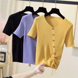 M-4XL plus size summer thin pullover v-neck sweater women short sleeve loose knitted button bottoming shirt wool top 210604