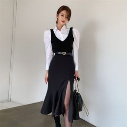 Sexy 2 piece suit korean ladies white long Sleeve tops and Maxi Black loose Sleeveless dress Party Set for women clothing 210602