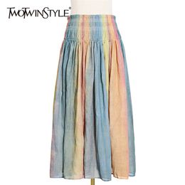 Colourful Striped Skirt For Women High Waist Hit Colour Casual Midi Skirts Female Fashion Clothing Autumn 210521