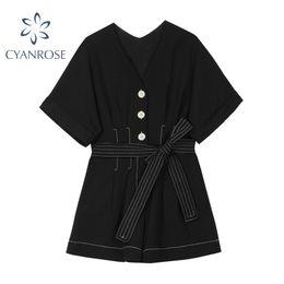 High Waist Bandage Black Shorts Jumpsuits Women Short Sleeve Cardigan Stitched Design Overalls Jumpsuits Streetwear Chic Clothes 210417