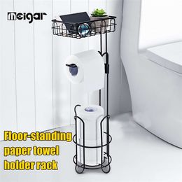 Black Metal Floor Standing Paper Roll Holder Stand Organizer Toilet Towel Rack Bathroom Hardware Vertical Storage Basket 210720