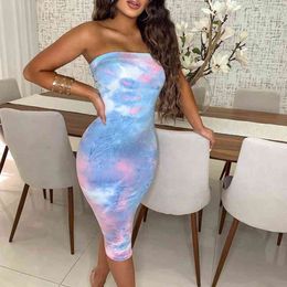 Sexy Tupe Tops Dresses Sleeveless Bodycon Tie Dyed Elastic Women Party Clubwear Colorful Printed Evening Night Date Out Vestidos 210416