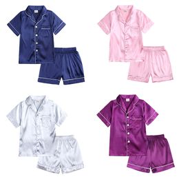 Girls Pyjamas Set Autumn Short Sleeve Children's Sleepwear Fake Silk Boy Pyjamas suits for Kids Home Wear Clothing 211130