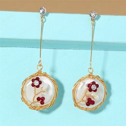 Natural Stone Flower Round Pendant Earrings Long Trassel Pearl Drop Earrings Fashion Women Wire Wrapping Earring