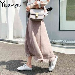 Elegant tassel Solid Women Midi Skirts Winter Loose Wild High Waist Hip Knit Bottom Leisure Office Ladies Work 210421