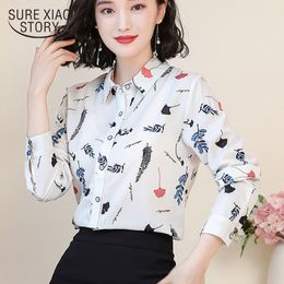 Autumn Women Long Sleeve Chiffon Slim Cardigan Shirt Fashion Print Shirts Polo Neck Ladies Tops Blouses 6580 50 210417